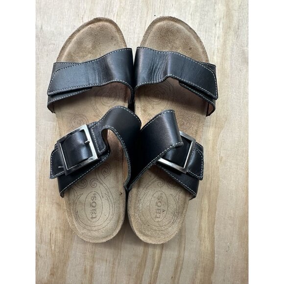 Taos “My Dear” Black Sandals 40 9/9.5 Hook And Loop Buckle Leather Cork Wedge - Picture 1 of 7